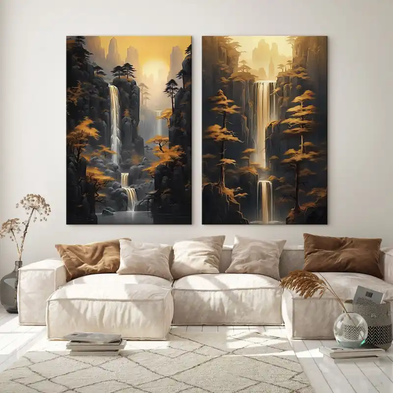 Pictură pe pânză Peisaj cu cascadă și munți în lumină aurie Nr m00928 Expediere rapidă