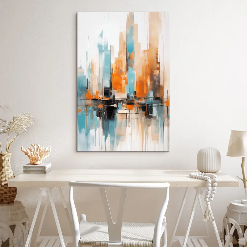 Pictură pe pânză Peisaj urban abstract cu tușe verticale în nuanțe de portocaliu, albastru și alb, stil pictural Nr s46267 Bestseller