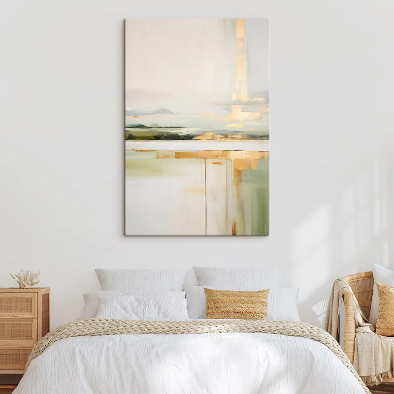 Pictură pe pânză Peisaj abstract cu accente galbene, o compoziție minimalistă de pământ, apă și cer, cu culori discrete Nr s46268 Mai ieftin