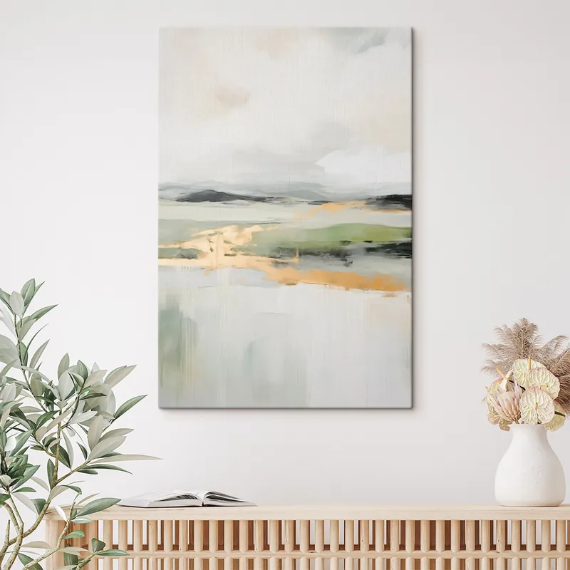 Cumpără acum Pictură pe pânză Peisaj abstract cu accente galbene, o compoziție minimalistă de pământ, apă și cer, cu culori discrete Nr s46269