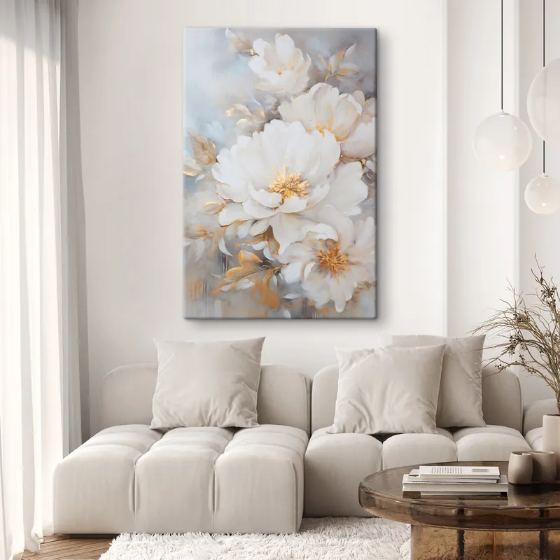 Pictură pe pânză Bujori albi cu mijlocul și frunzele galbene, tușe delicate, fundal albastru deschis, aranjament floral Nr s46271 Ofertă limitată