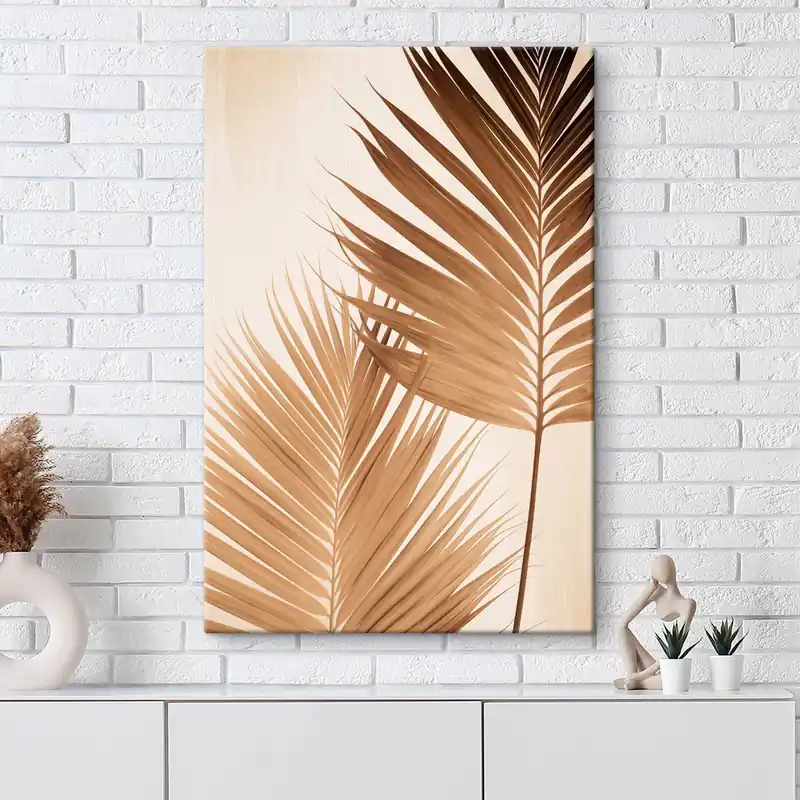 Pictură pe pânză Frunze de palmier în tonuri maronii, fundal neutru, stil minimalist, iluminare naturală, atmosferă tropicală Nr s46274 Nu rata