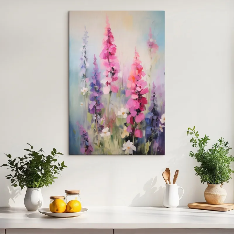 Pictură pe pânză Flori roz și violet cu margarete albe într-un câmp, tușe delicate, culori pastelate, stil impresionist Nr s46279 Preț redus