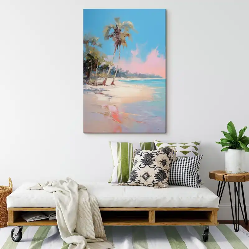 Reducere specială Pictură pe pânză Plajă tropicală abstractă cu nisip alb și palmieri, cer albastru cu nori albi Nr s46285