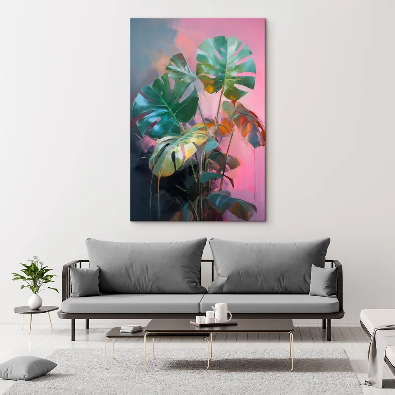 Livrare rapidă Pictură pe pânză Plantă abstractă monstera cu frunze verzi vibrante, pe un fundal de nuanțe delicate de roz și violet Nr s46286