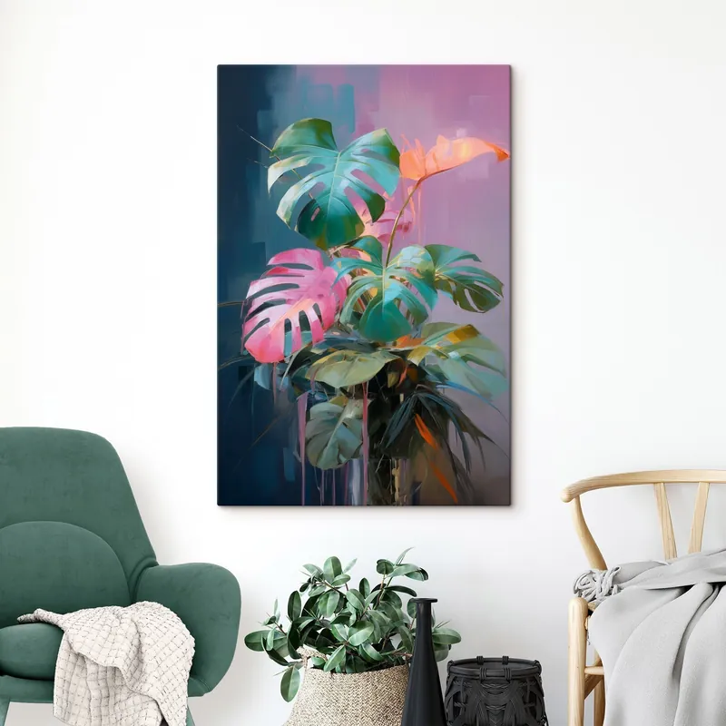 Pictură pe pânză Plantă abstractă monstera cu frunze roz și verzi, culori vibrante, pe un fundal estompat Nr s46287 Cumpără acum