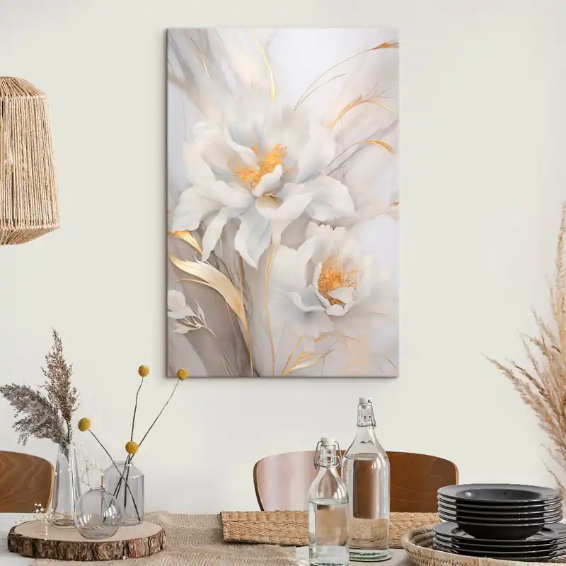 Pictură pe pânză Flori albe cu pistili și tulpini galbene, petale delicate, compoziție elegantă, fundal neutru Nr s46293 Premium