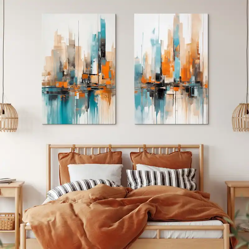Ofertă limitată Pictură pe pânză Peisaj urban abstract cu tușe verticale în nuanțe de portocaliu, albastru și alb, stil pictural Nr m00876