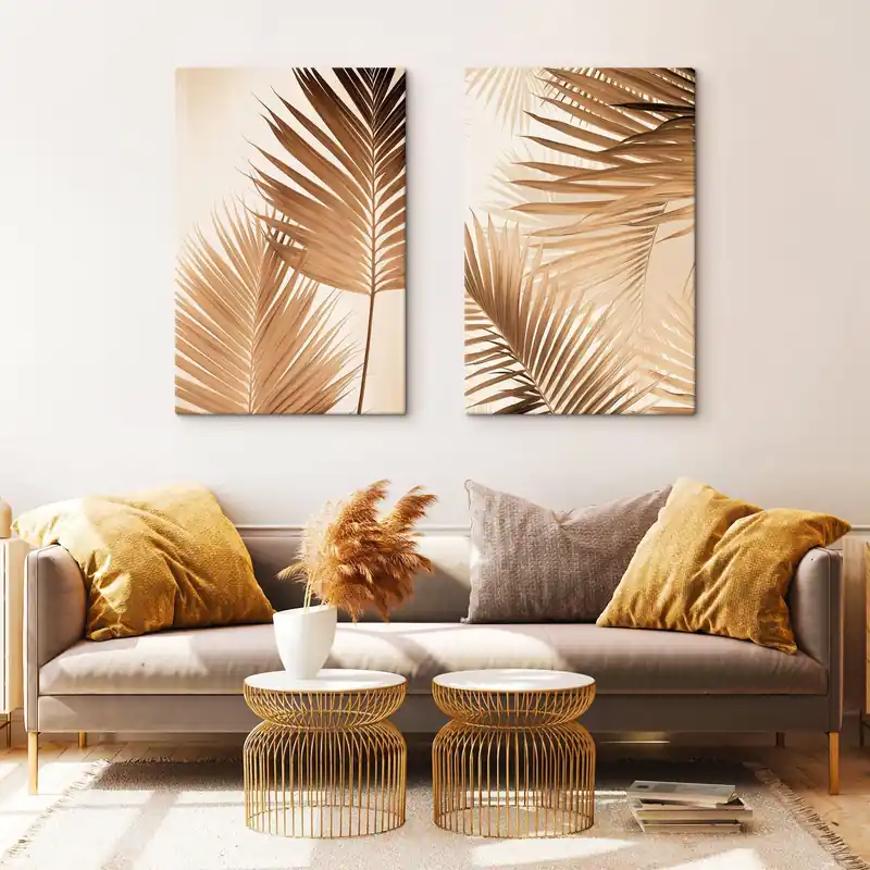 Comandă acum Pictură pe pânză Frunze de palmier în tonuri maronii, fundal neutru, stil minimalist, iluminare naturală, atmosferă tropicală Nr m00880