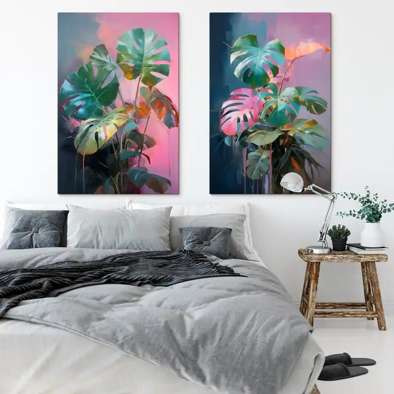 Pictură pe pânză Plantă abstractă monstera cu frunze verzi vibrante, pe un fundal de nuanțe delicate de roz și violet Nr m00886 Ofertă specială