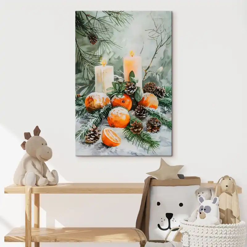 Pictură pe pânză Lumânări, mandarine și conuri de pin Nr s46614 Reducere de preț