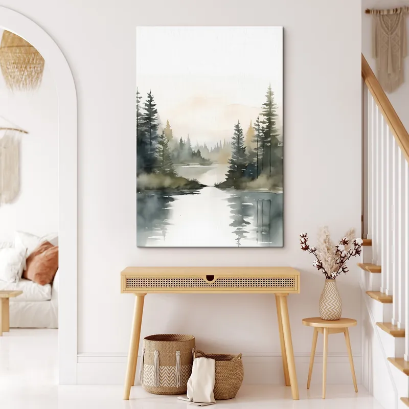 Retur gratuit Pictură pe pânză Pădure de conifere ceață peste râul calm, stil acuarelă Nr s46507