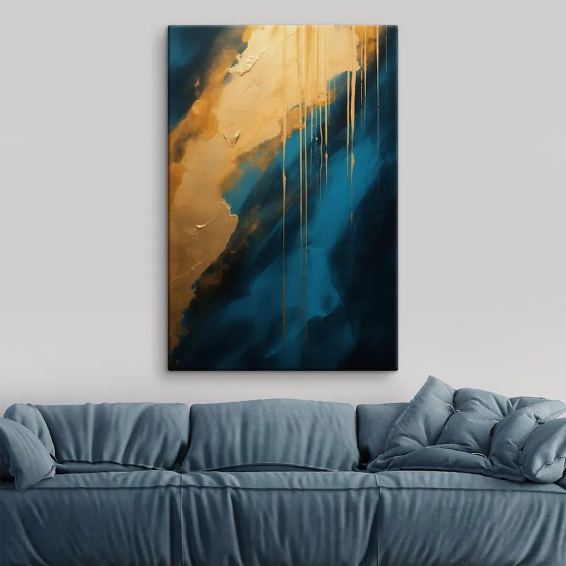 Pictură pe pânză Teal și albastru intens abstract cu accente calde și fluide Nr s46509 Reducere de preț