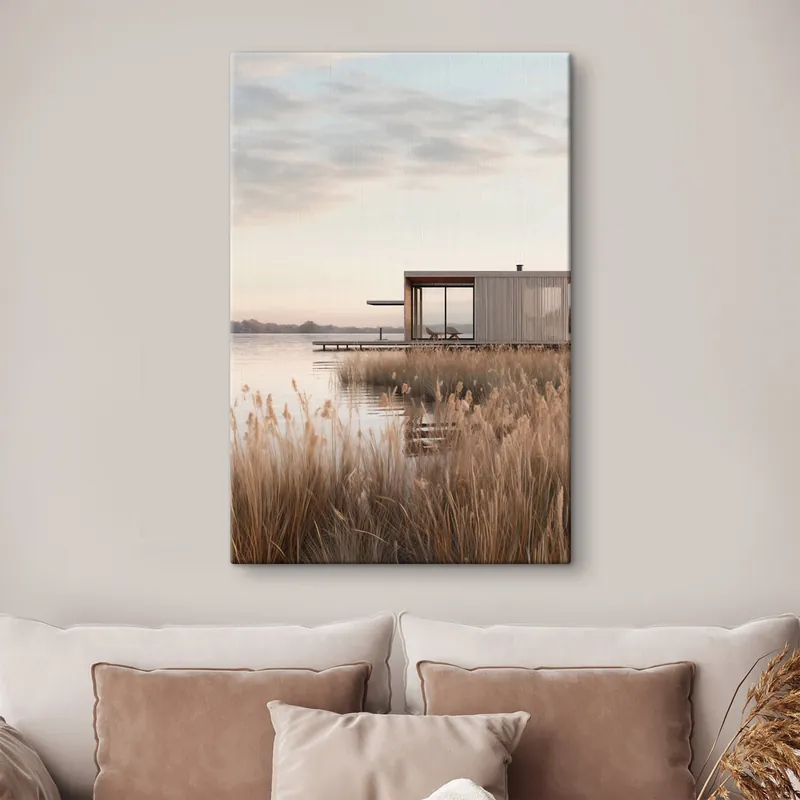 Popular Pictură pe pânză Cabana modernă lângă lac, printre stufărișuri, în amurgul blând Nr s46513