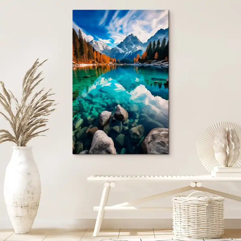 Pictură pe pânză Lac de munte cu apă turcoaz și larici de toamnă Nr s46517 Doar azi