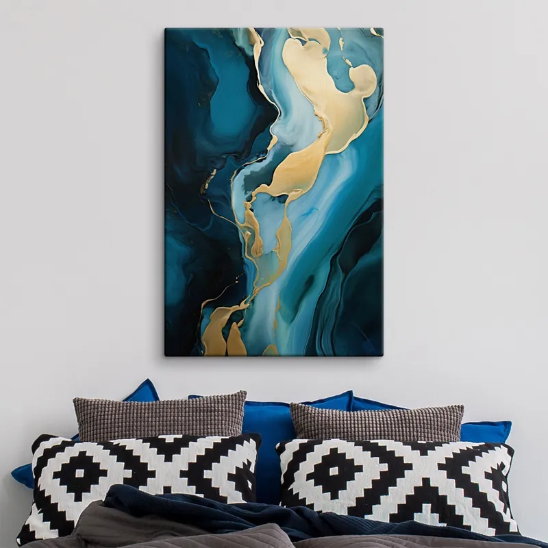Pictură pe pânză Albastru-verde abstract cu un flux de ocru Nr s46530 Lichidare de stoc