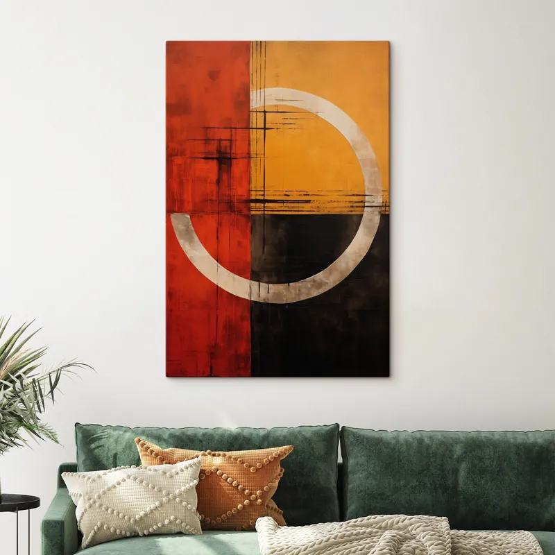 Pictură pe pânză Cerc abstract pe fundal roșu-negru cu linii Nr s46535 Expediere rapidă