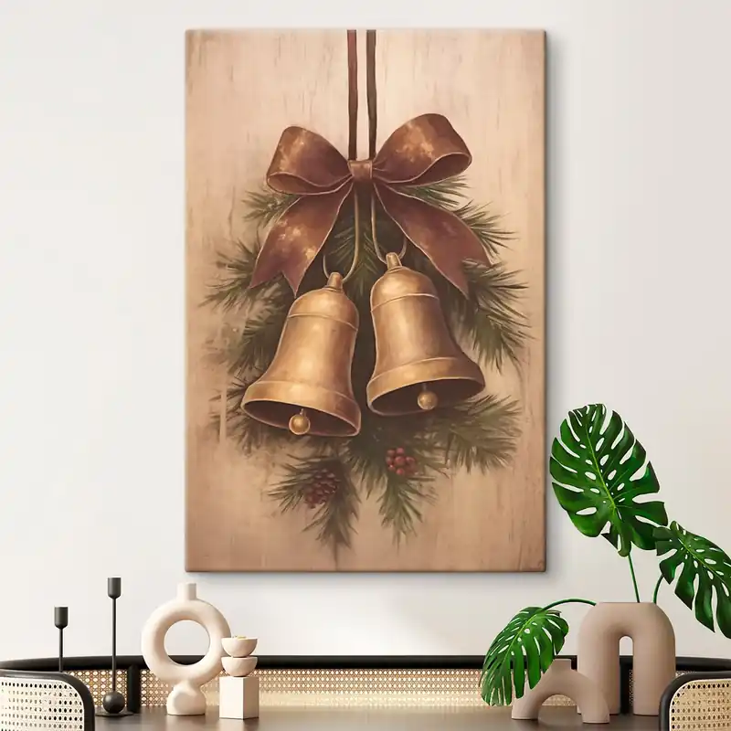 Preț mic Pictură pe pânză Decorațiune vintage de Crăciun cu două clopoței și o fundă Nr s46626