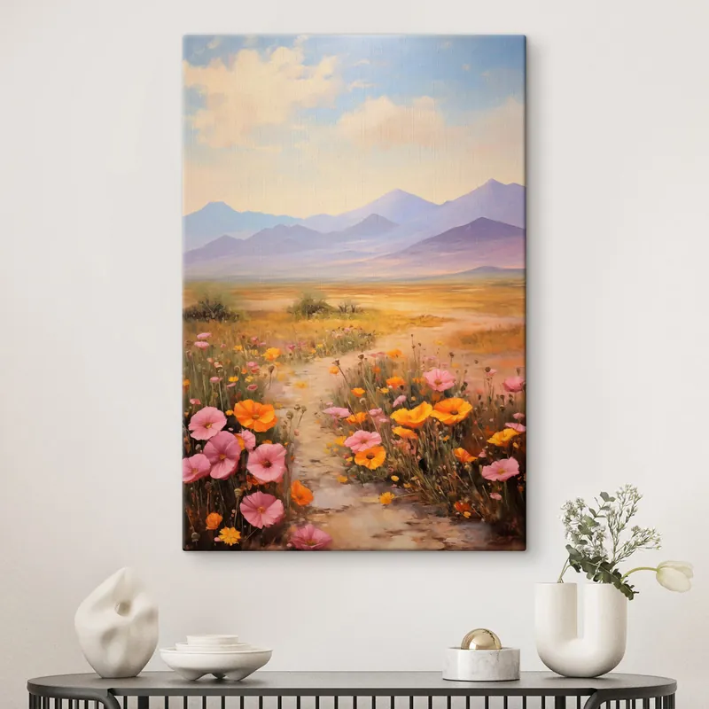 Pictură pe pânză Peisaj, un câmp cu flori colorate și munți în fundal, culori delicate și pastelate Nr s46686 Preț redus