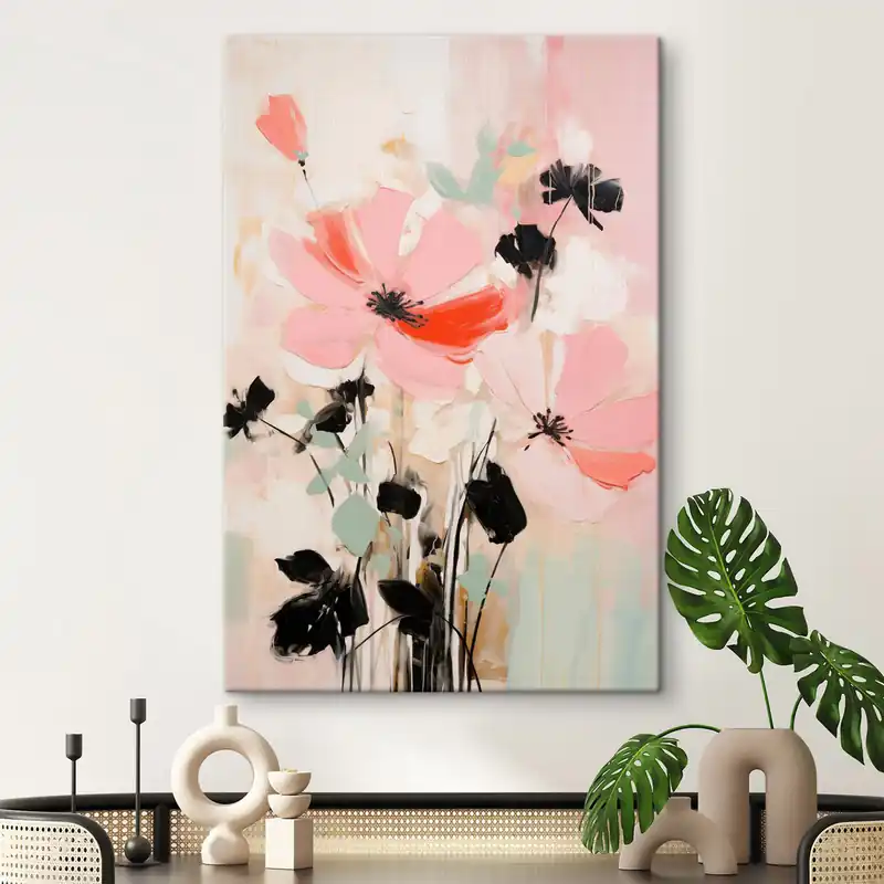 Cel mai vândut Pictură pe pânză Flori roz și negre cu frunze, culori pastelate delicate, aranjament floral abstract, artă minimalistă Nr s46687