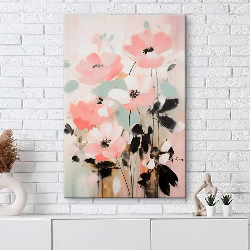 Pictură pe pânză Flori roz și negre cu frunze, culori pastelate delicate, aranjament floral abstract, artă minimalistă Nr s46688 Plată sigură