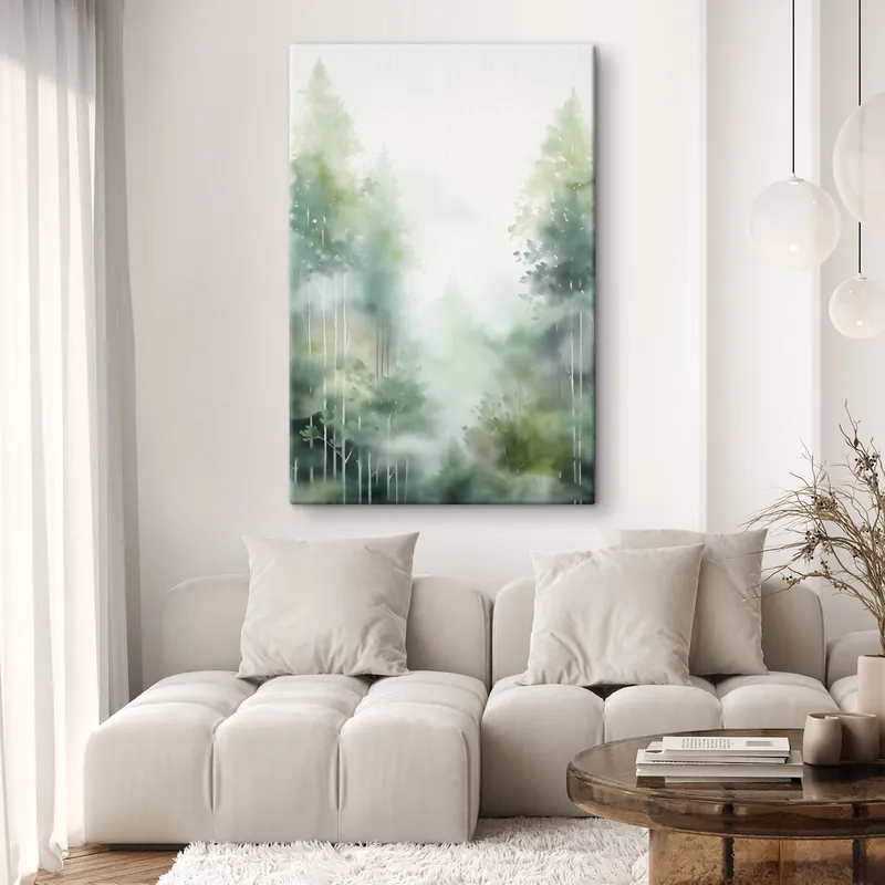 Pictură pe pânză Imitatie de pictura in acuarela reprezentand o padure abstracta cu copaci inalti si frunziș verde, culori delicate si discrete Nr s46689 Reducere specială