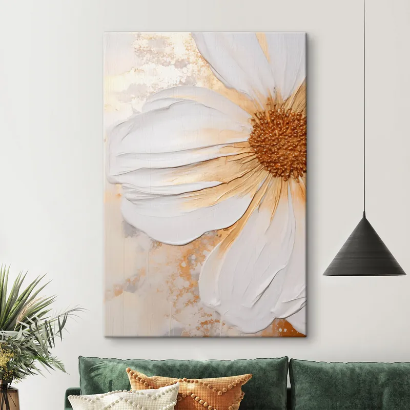 Pictură pe pânză O floare albă cu petale delicate, fundal abstract texturat, elegant, artă decorativă Nr s46692 Premium
