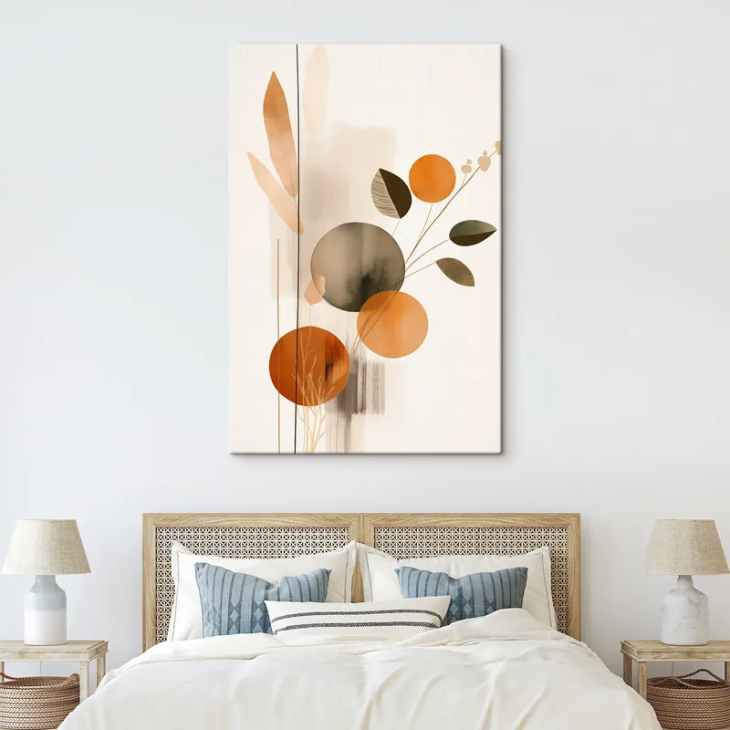 Lichidare de stoc Pictură pe pânză Imitare de pictură abstractă cu cercuri portocalii și gri, frunze și ramuri, stil modern, efect de acuarelă Nr s46697