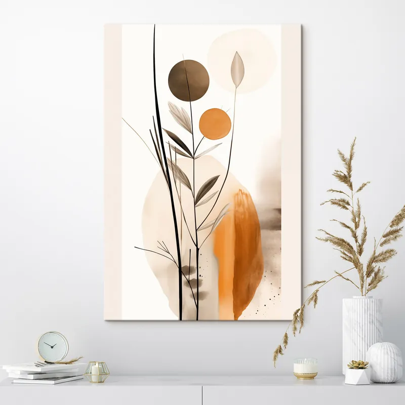 Pictură pe pânză Imitare de pictură abstractă cu cercuri portocalii și gri, frunze și ramuri, stil modern, efect de acuarelă Nr s46698 Preț mic