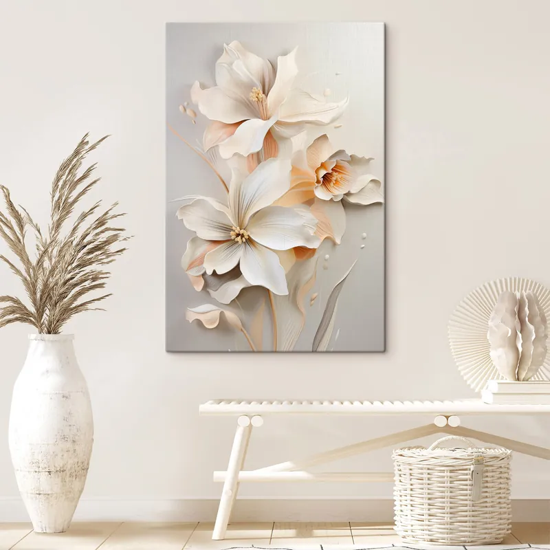 Pictură pe pânză Flori albe, petale cu umbre delicate, fundal bej deschis, compoziție elegantă, stil minimalist Nr s46699 Chilipir