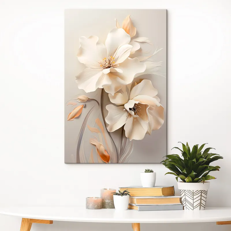 Premium Pictură pe pânză Flori albe, petale cu umbre delicate, fundal bej deschis, compoziție elegantă, stil minimalist Nr s46700