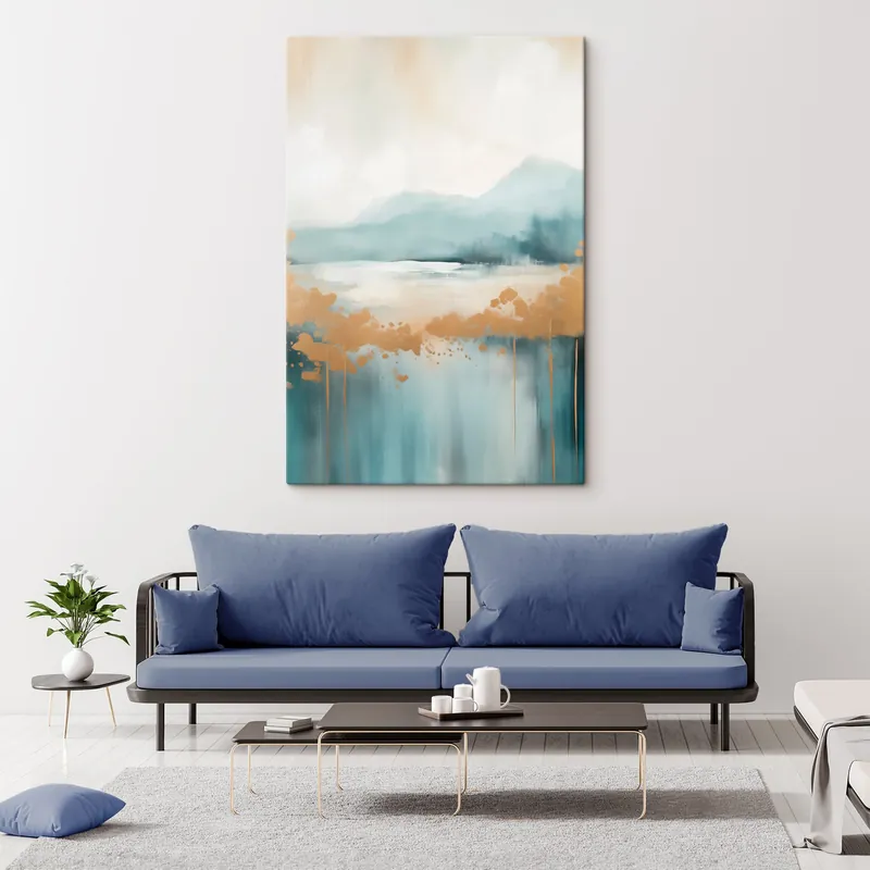 Pictură pe pânză Peisaj abstract cu munți și lac în nuanțe de verde-albastru și galben texturat, pensule moi, operă de artă minimalistă Nr s46703 Cumpără acum