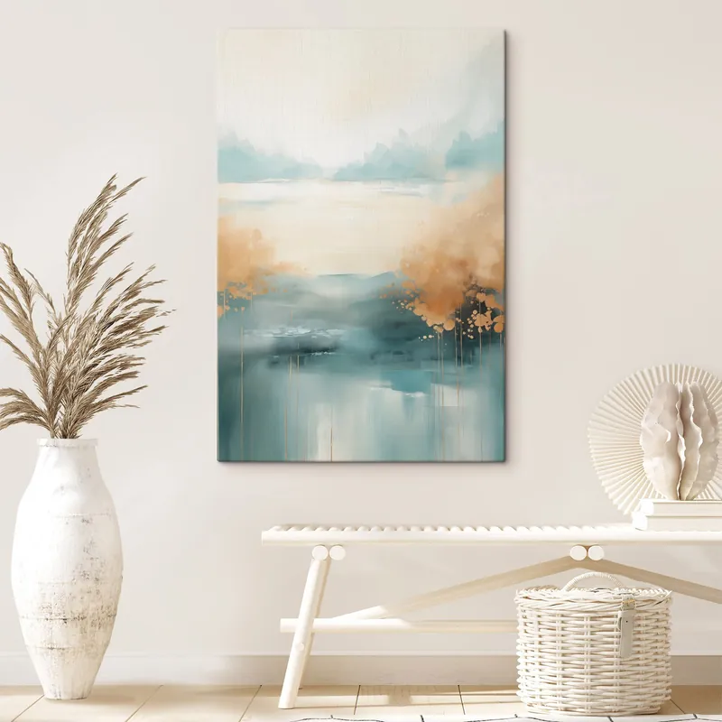 Preț promoțional Pictură pe pânză Peisaj abstract cu munți și lac în nuanțe de verde-albastru și galben texturat, pensule moi, operă de artă minimalistă Nr s46704