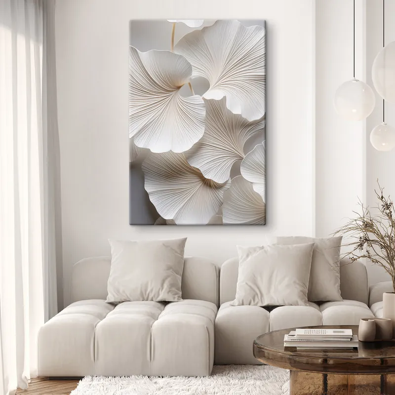 Pictură pe pânză Frunze albe de ginkgo biloba cu nervuri detaliate, iluminare difuză, textură elegantă și design minimalist Nr s46705 Retur gratuit