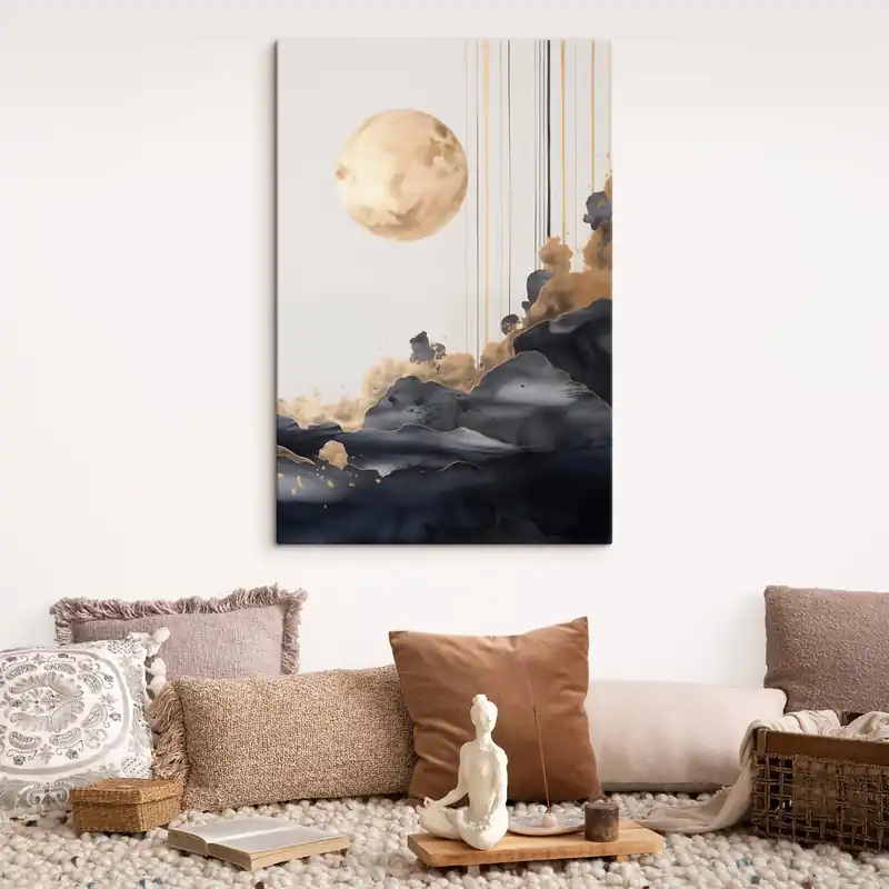 Pictură pe pânză Lună plină cu nori negri și galbeni texturați, linii verticale, stil abstract, minimalist și modern Nr s46707 Vezi acum