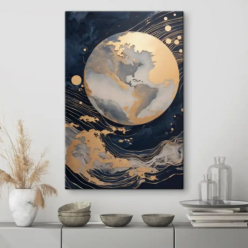 Pictură pe pânză Planetă decorativă texturată cu linii galbene pe fundal, puncte galbene pe fundal, fundal întunecat Nr s46708 Expediere rapidă