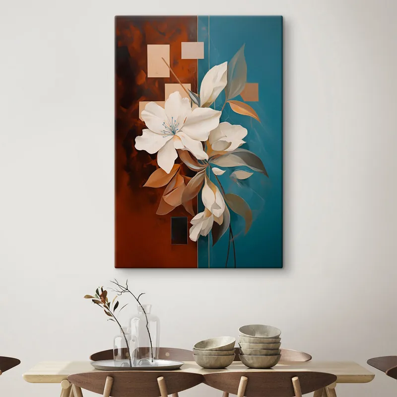 Reduceri Pictură pe pânză Flori și frunze albe abstracte pe un fundal maro și albastru cu forme abstracte, într-un stil minimalist Nr s46709
