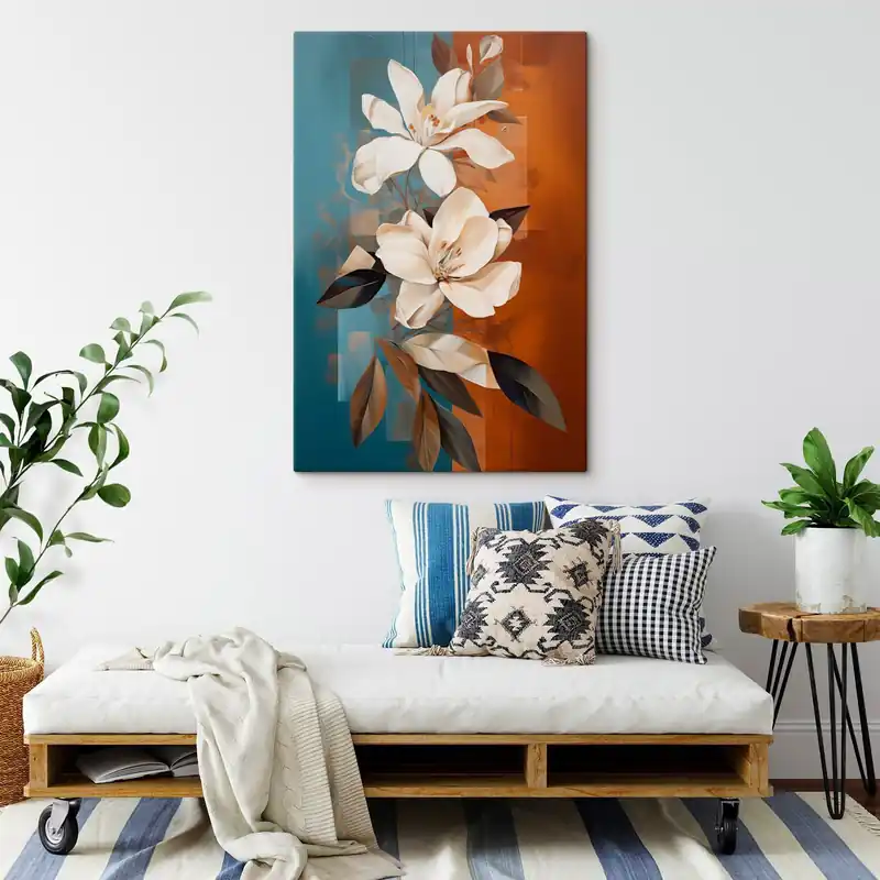 Pictură pe pânză Flori și frunze albe abstracte pe un fundal maro și albastru cu forme abstracte, într-un stil minimalist Nr s46710 Preț mic