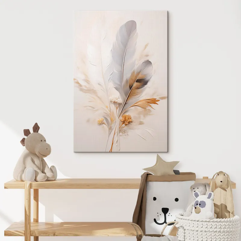 Plată securizată Pictură pe pânză Pene abstracte, înconjurate de pene bej și maro, moi și delicate, pe un fundal bej deschis Nr s46712