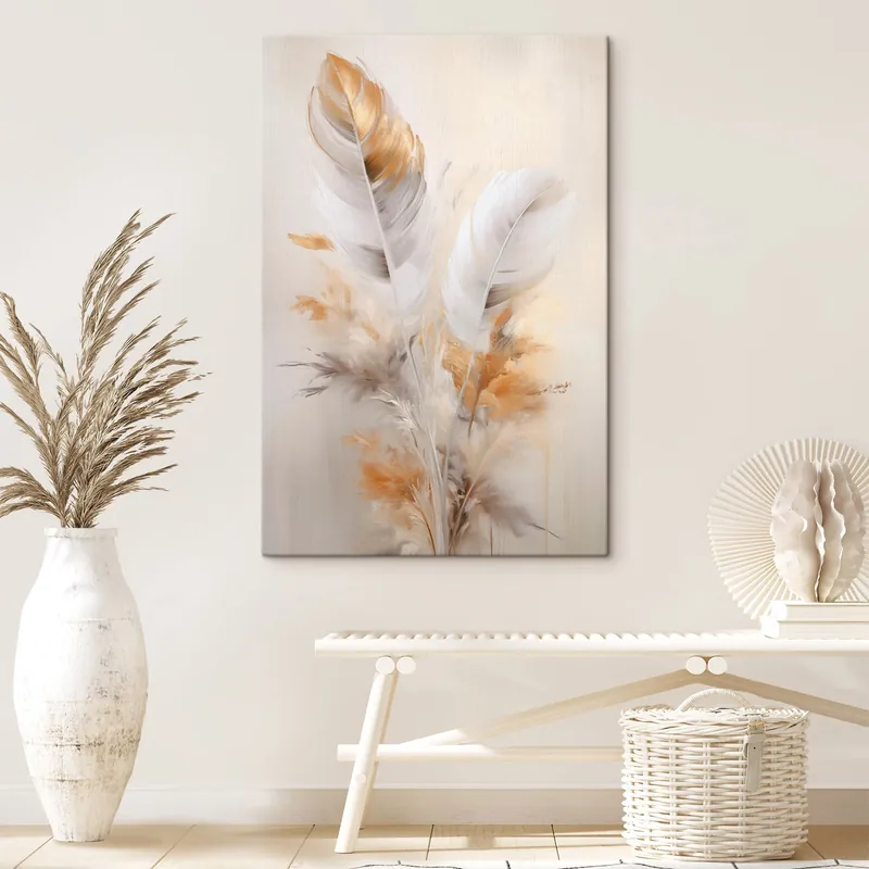 Pictură pe pânză Pene abstracte, înconjurate de pene bej și maro, moi și delicate, pe un fundal bej deschis Nr s46711 Ieftin