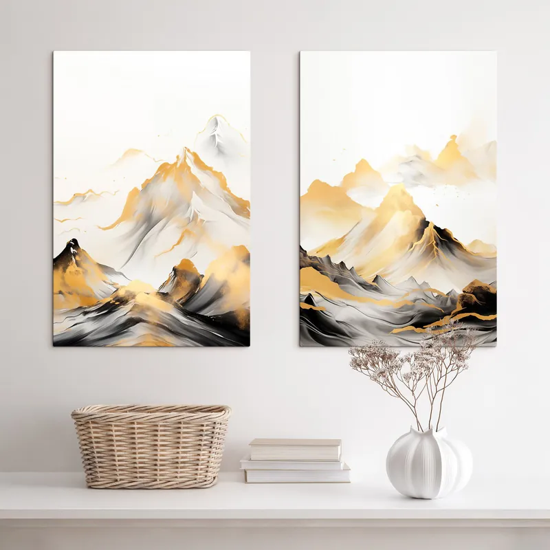 Expediere rapidă Pictură pe pânză Munți texturați galbeni și negri cu vârfuri înzăpezite, stil de pictură cu tuș, lanț muntos minimalist Nr m01002