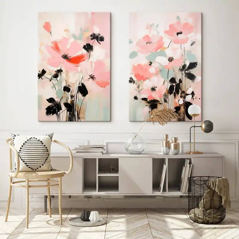 Retur gratuit Pictură pe pânză Flori roz și negre cu frunze, culori pastelate delicate, aranjament floral abstract, artă minimalistă Nr m01004