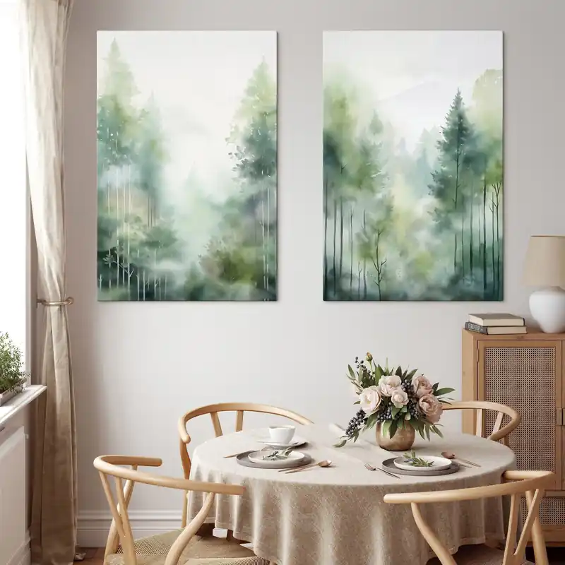 Pictură pe pânză Imitatie de pictura in acuarela reprezentand o padure abstracta cu copaci inalti si frunziș verde, culori delicate si discrete Nr m01005 Promoție