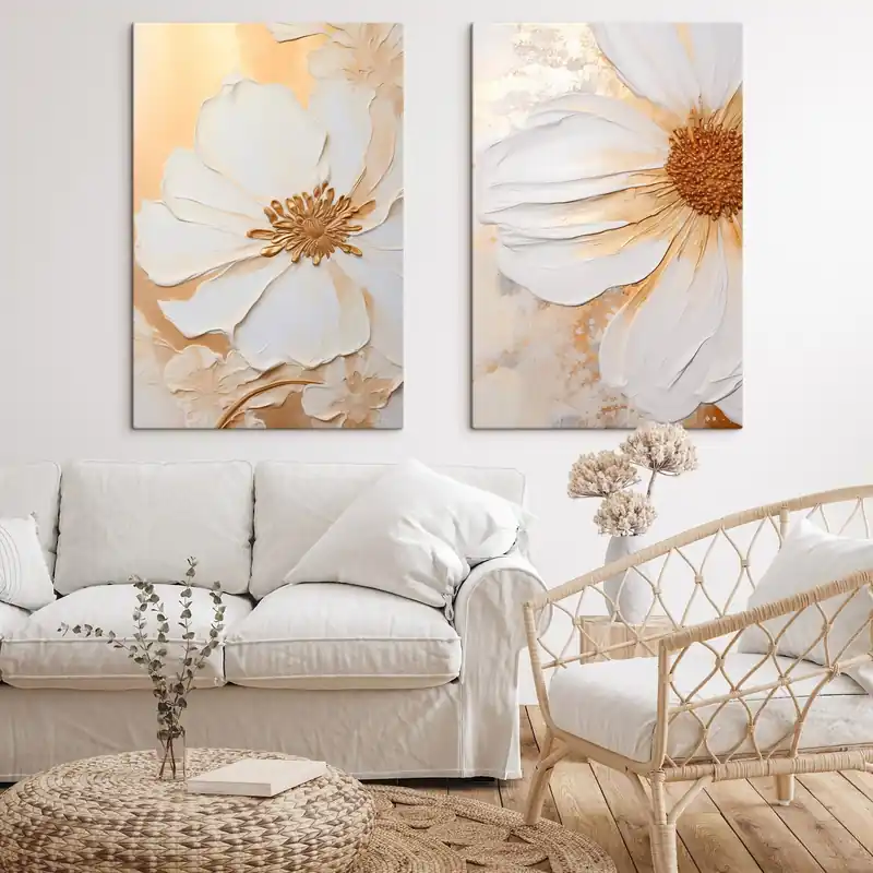 Pictură pe pânză O floare albă cu petale delicate, fundal abstract texturat, elegant, artă decorativă Nr m01006 Cel mai bun preț