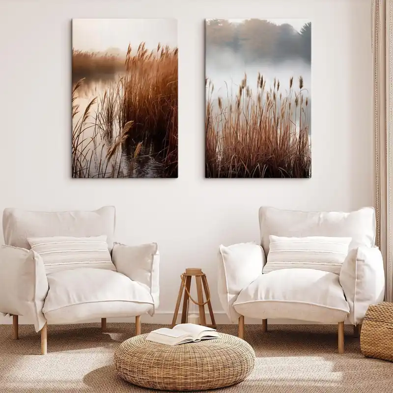 Popular Pictură pe pânză Stuf înalt crescând într-un corp de apă, apa reflectă stuful, fundal cețos, lumină difuză, peisaj natural Nr m01008