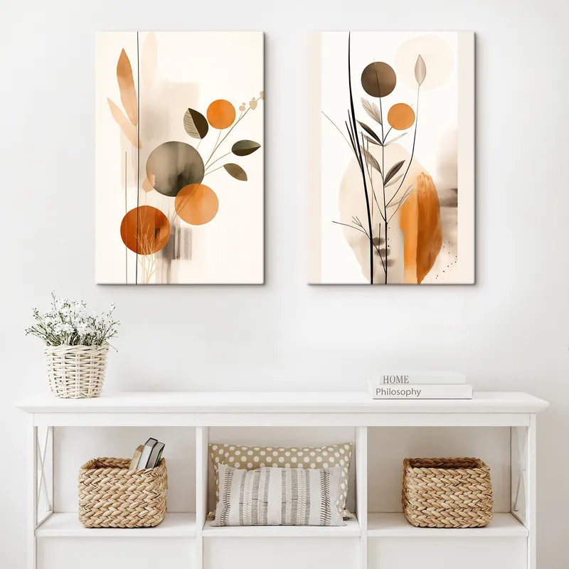 Livrare expres Pictură pe pânză Imitare de pictură abstractă cu cercuri portocalii și gri, frunze și ramuri, stil modern, efect de acuarelă Nr m01009
