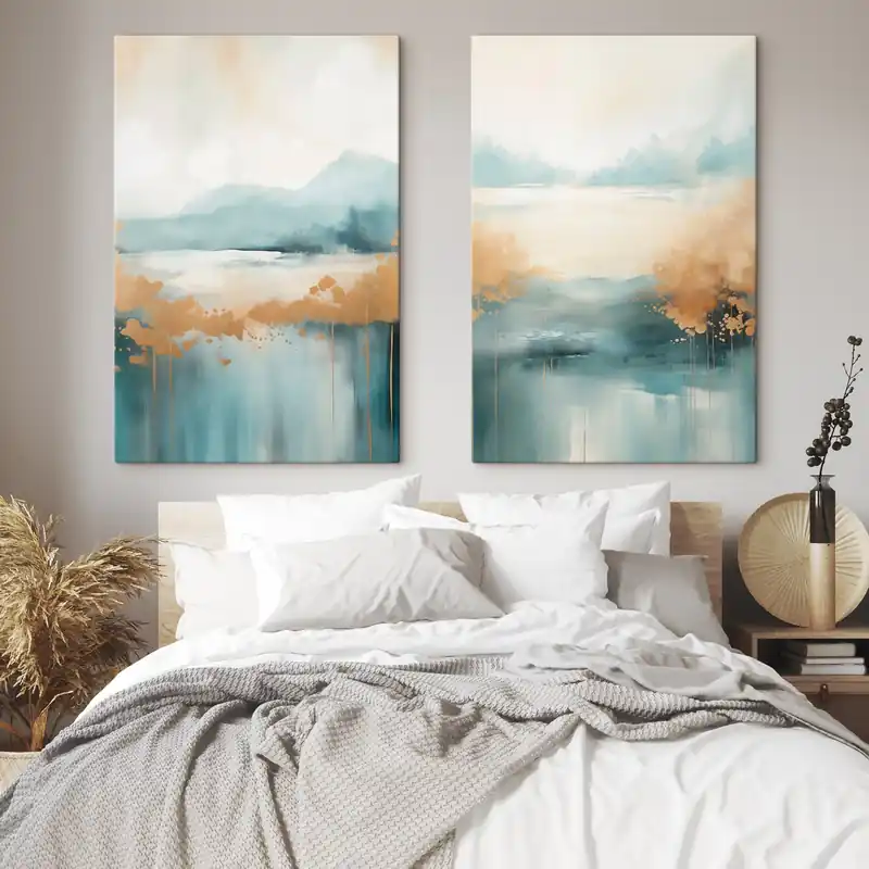 Cumpără acum Pictură pe pânză Peisaj abstract cu munți și lac în nuanțe de verde-albastru și galben texturat, pensule moi, operă de artă minimalistă Nr m01012