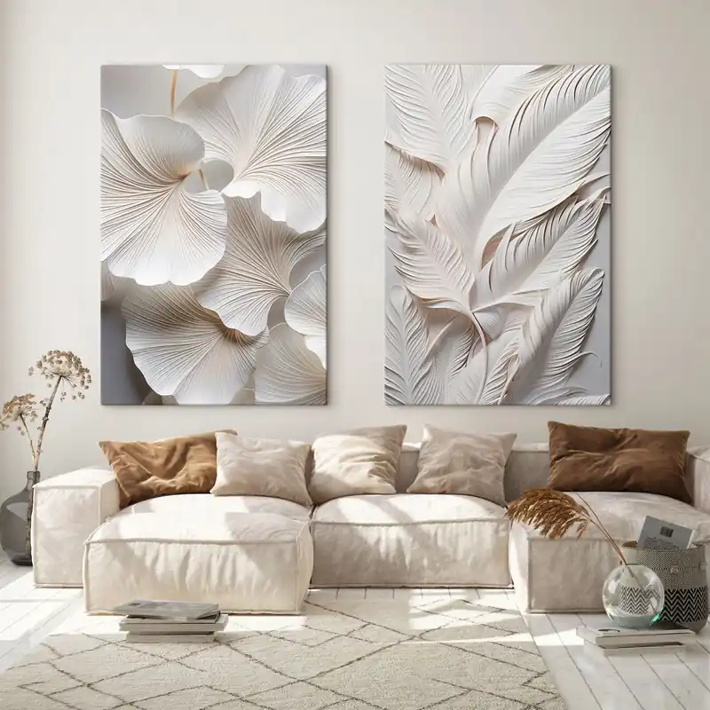 Pictură pe pânză Frunze albe de ginkgo și frunze lungi cu detalii complexe, creând un efect texturat și stratificat, artă minimalistă Nr m01013 Reducere specială