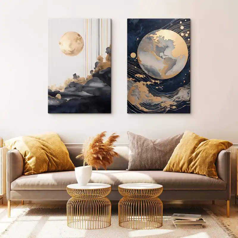 Ofertă Pictură pe pânză Planetă decorativă texturată în spațiu, cu linii și puncte galbene, stil abstract, minimalist și modern Nr m01014