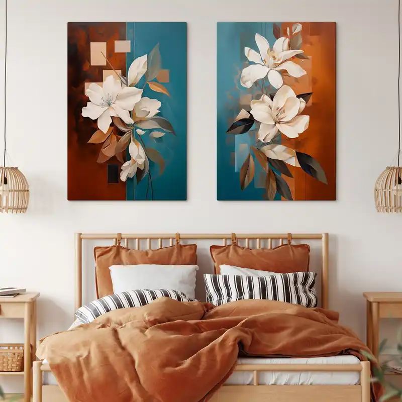 Pictură pe pânză Flori și frunze albe abstracte pe un fundal maro și albastru cu forme abstracte, într-un stil minimalist Nr m01015 Cumpără online
